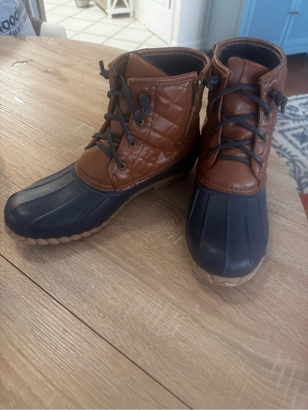 Nautica Dorsay Duck Boots Women’s Size 11 Brown Navy Quilted Rain Winter Zip